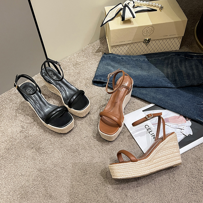 2026 Spring Summer New One-Strap Square Toe Wedge Espadrille Sandals for Women - Image 4