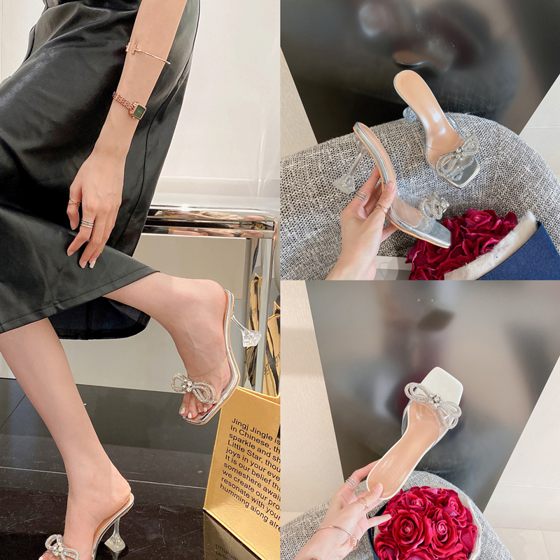 2023 Summer Bow Rhinestone Transparent High Heel Sandals Women 35-39