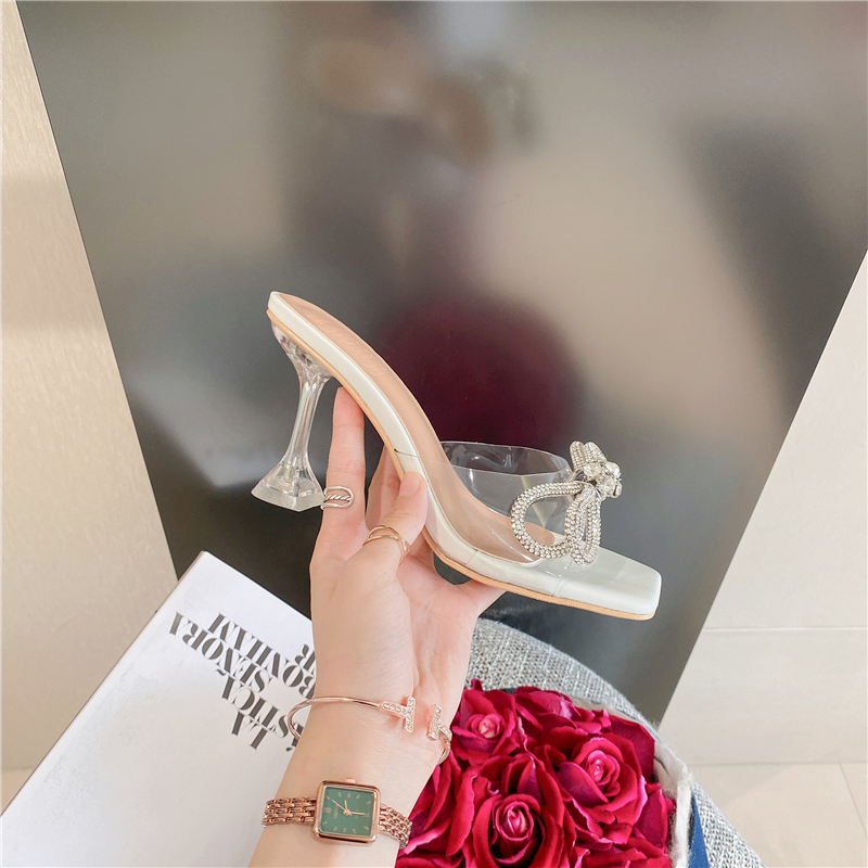 2023 Summer Bow Rhinestone Transparent High Heel Sandals Women 35-39 - Image 2