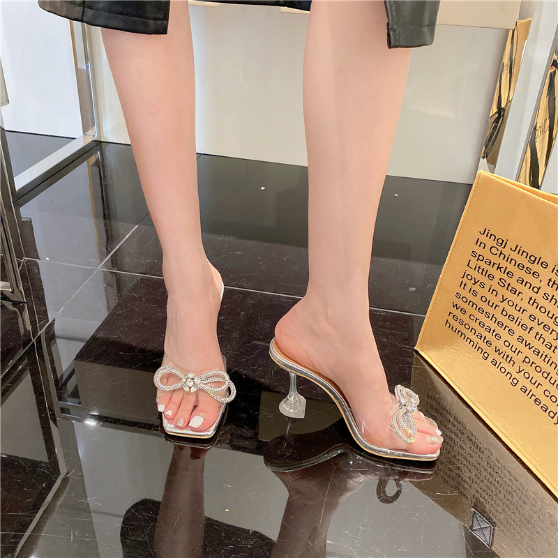 2023 Summer Bow Rhinestone Transparent High Heel Sandals Women 35-39 - Image 3