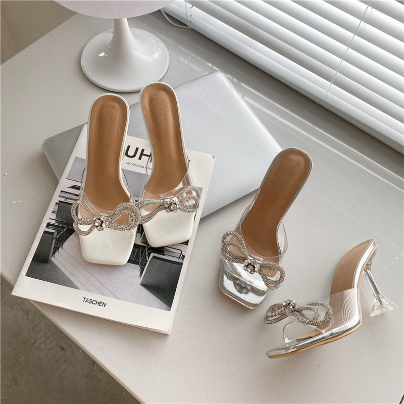 2023 Summer Bow Rhinestone Transparent High Heel Sandals Women 35-39 - Image 4