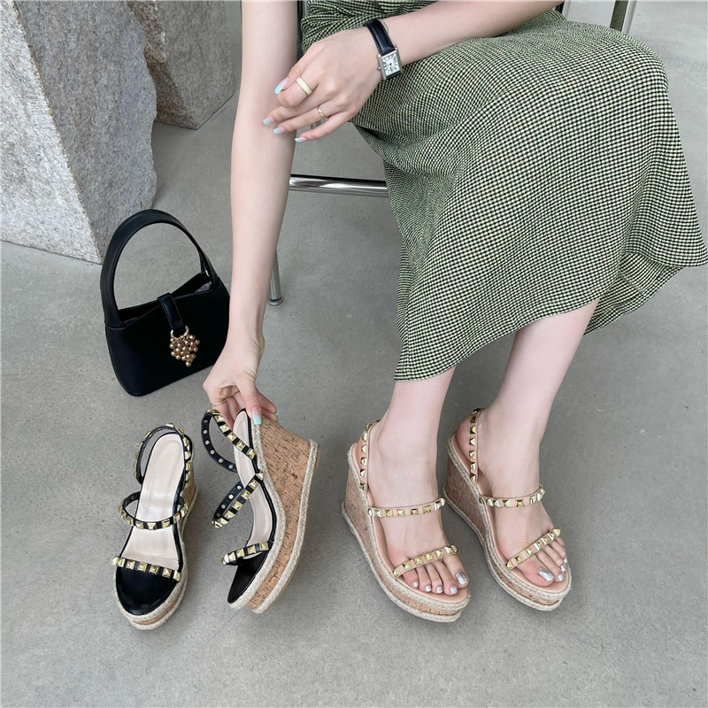 Women's 2025 New Summer Fairy Style Wedge Heel Sandals with Rhinestones and One-Strap Buckle