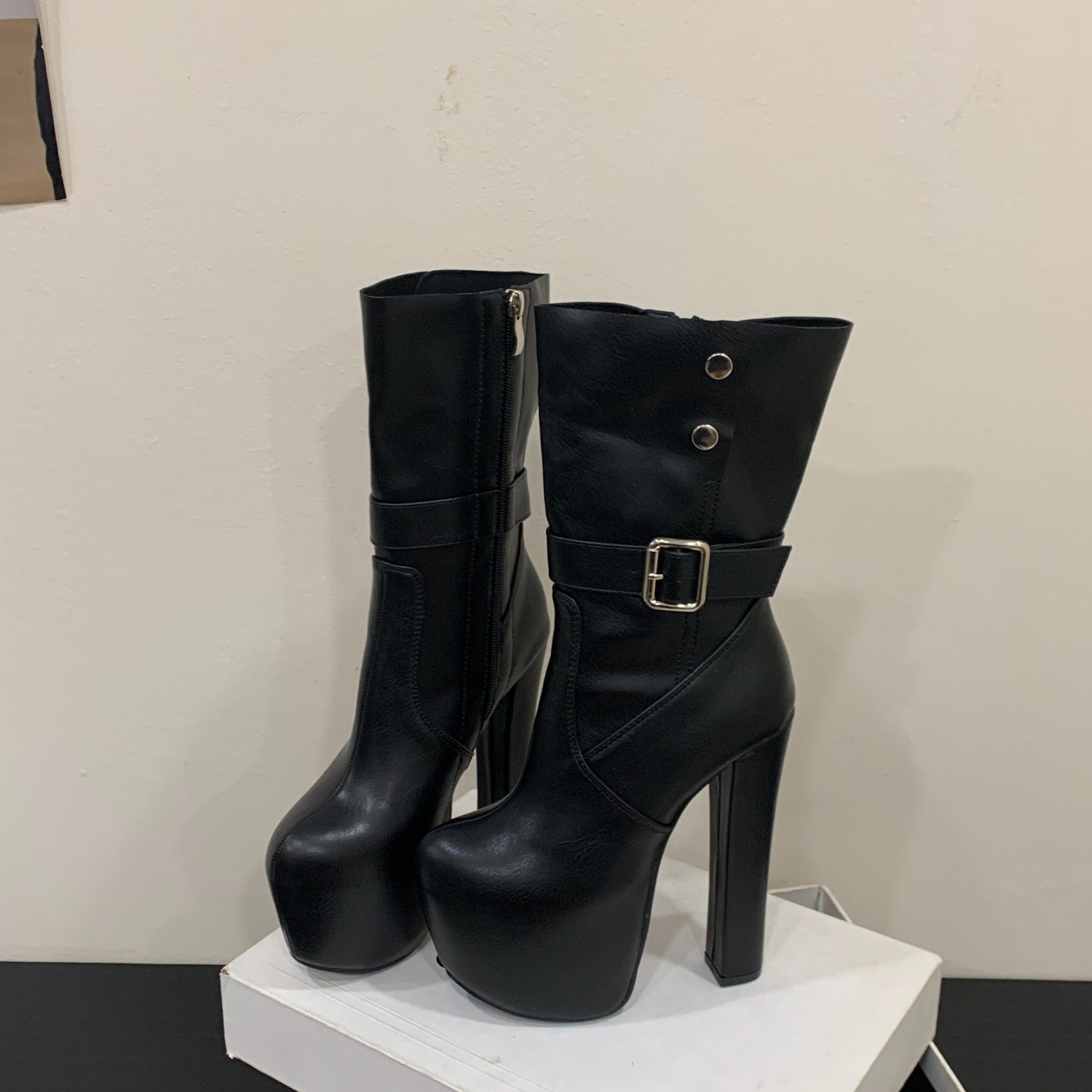 2026 New Chunky Heel 16CM Platform Buckle Decor Women's Boots 35-45 In Stock Plus Size - Image 5