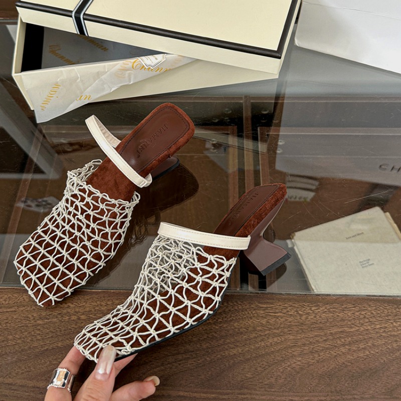 JIAMANNI New French High-End Woven Fishnet Roman Sandals Hollow High Heel Slippers for Women - Image 5